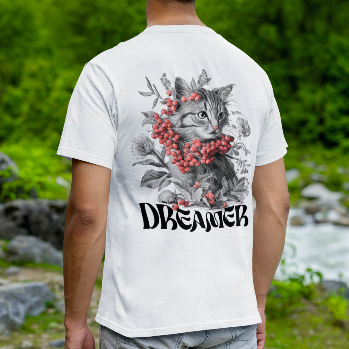 Weiße UNISEX T-Shirts mit Rückenaufdruck "Dreamer"