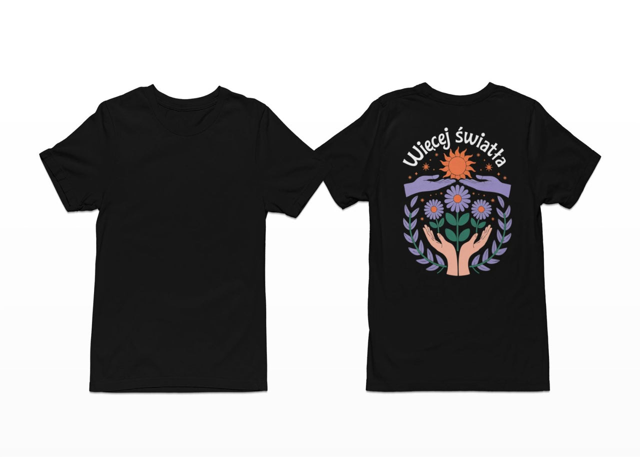 Čierne tričko s potlačou na chrbte „Viac svetla“