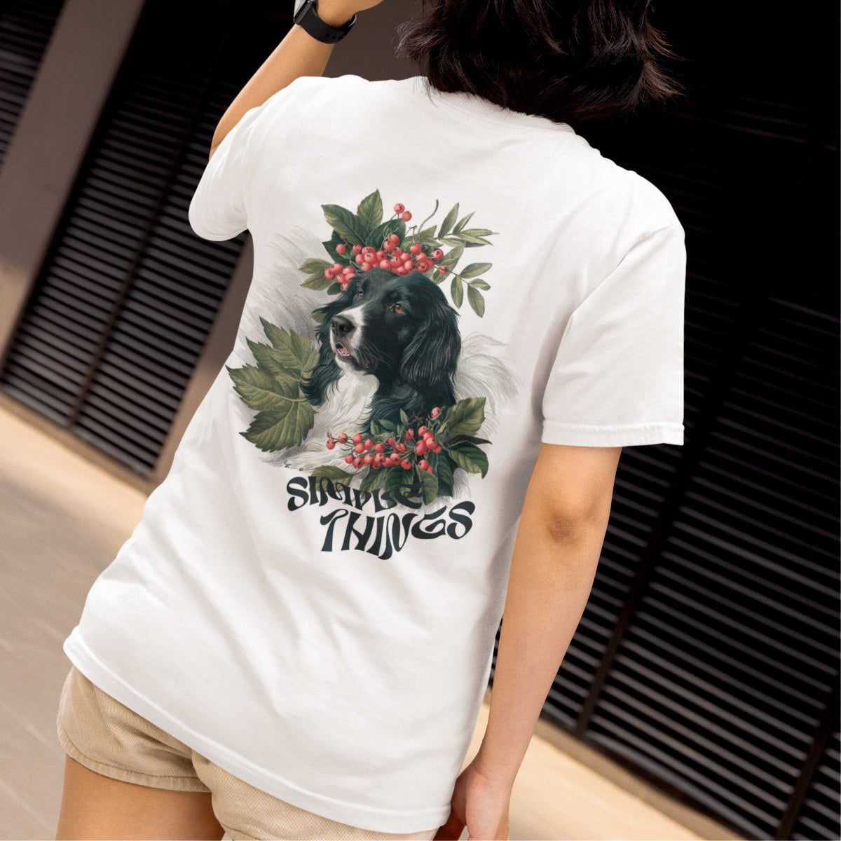 Weiße UNISEX T-Shirts mit Rückenaufdruck "Simple Things"