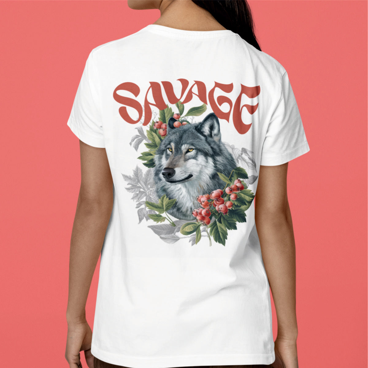 Weiße UNISEX T-Shirts mit Rückenaufdruck "Savage"
